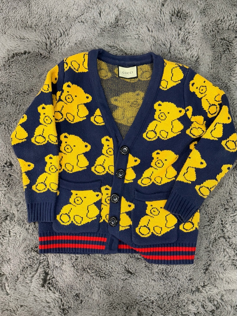 Gucci Navy Cardigan with Yellow Teddy Bear Motif